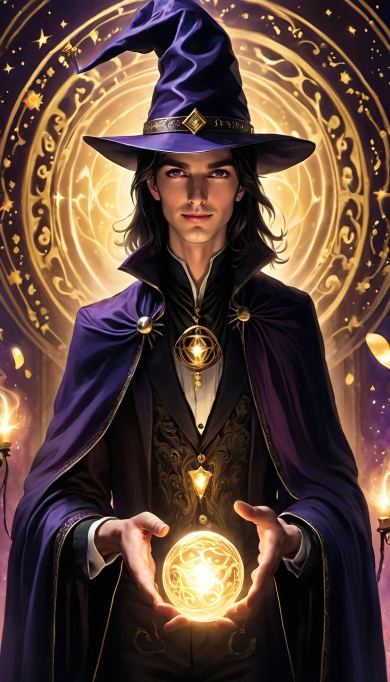 Dynamic shot of a handsome 29-year-old man of mysterious magician character from the 1940s named The Arcane Magician. He is a tall, slender man with an aura of secrecy and cunning, leaving viewers unsure of his true nature—whether he is good or bad. He wears a long black and dark purple cloak decorated with starry and cosmic patterns. His face is partially obscured by a tall magician's hat or a partial mask, adding to his enigmatic vibe. He holds a tarot card in one hand, with a sly smile and a mischievous gaze. The atmosphere around him is filled with dim lighting, hazy shadows, and swirling smoke, as if shadows are subtly moving around him, hinting at illusions and an air of mystery. 

Additional Details
Attire: A 1940s-style magician’s outfit combined with mystical elements— a long cloak in black and dark purple with cosmic patterns, complemented by a tall hat or a half-mask.
Color and Atmosphere: Use a palette of black, dark purple, deep blue, and gold. Create a mysterious ambiance with dim lighting and shadows that suggest hidden depths.
Props and Posture: Tarot cards, a crystal orb, or gestures that create illusions of floating energy. His posture should convey a sense of slyness.
Energy and Shadows: Surround him with faint glowing threads or shadows that hint at cosmic energy or a connection to fate.
Expression: A sly smile and eyes that convey mystery and ambiguity.
Enhancements: Make the character appear even more intriguing with a dynamic camera angle—shot from a slightly low perspective to emphasize his tall, imposing presence and the surrounding mystique.