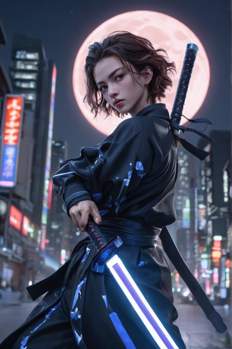 Tanjiro Kamado, face with maximum detail in high resolution, faithful to the anime, facial expression in high resolution, clothes also with the highest possible fidelity and details, futuristic clothes and accessories, dynamic katana fighting poses, high rendering, futuristic neon lighting of the city, starry night, waning moon.