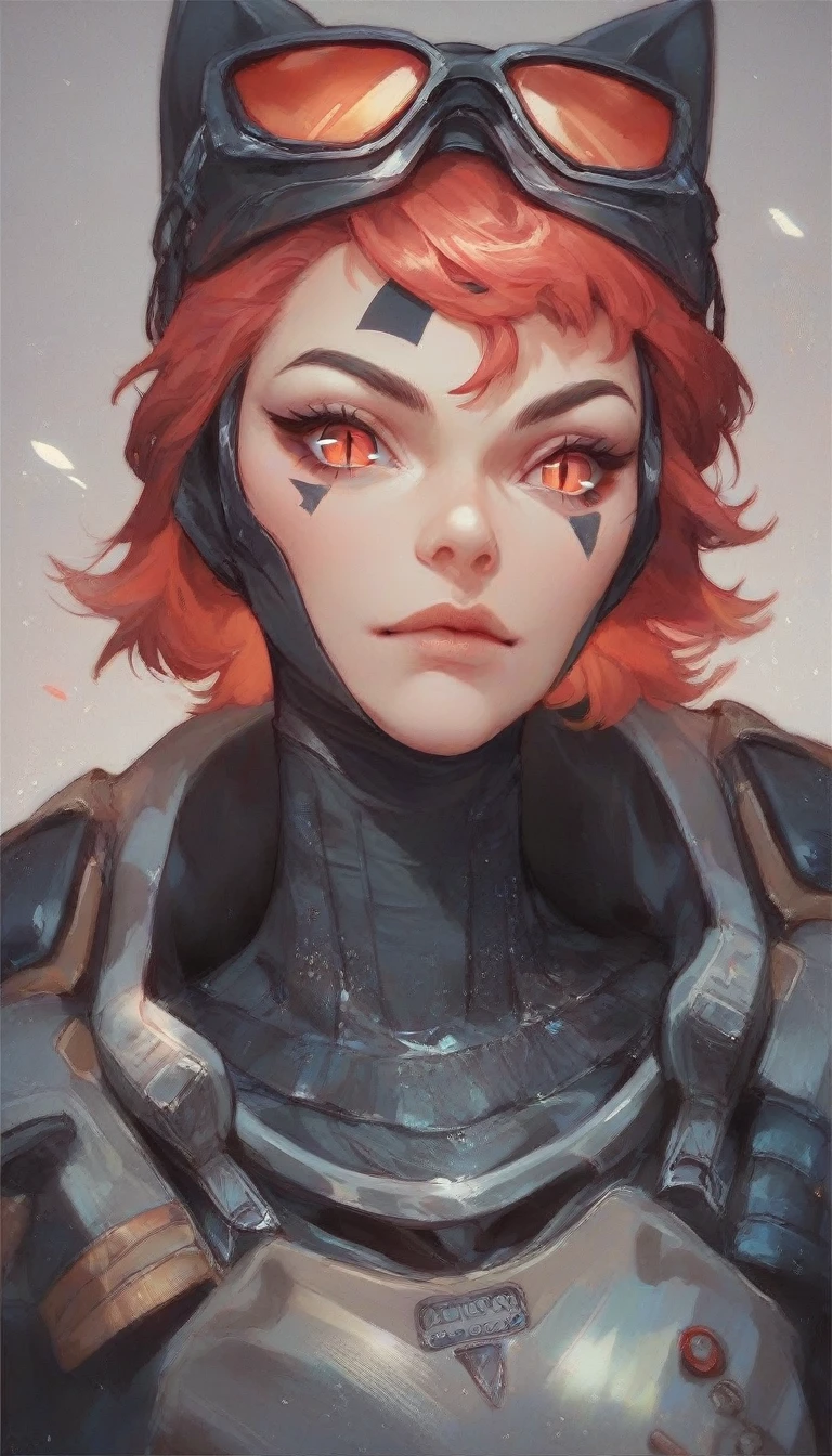 Fraction_5_up,  Fraction_6_up, Fraction_7_up,  Fraction_8_up, Fraction_9_up,
 Portrait of a catwoman soldier in full armor,  facial marker , Eyes, Red Hair，slit pupils