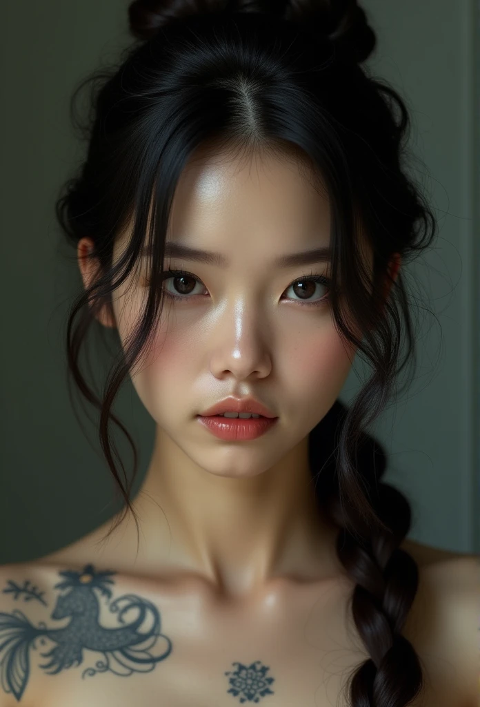 1girl, solo, black_hair, long_hair, hair_bun, parted_lips, teeth, lips, bare_shoulders, tattoo, simple_background, looking_at_viewer, photorealistic, 8k, detailed, intricate, high quality, sharp focus, masterpiece, cinematic lighting, dramatic colors, elegant, mesmerizing