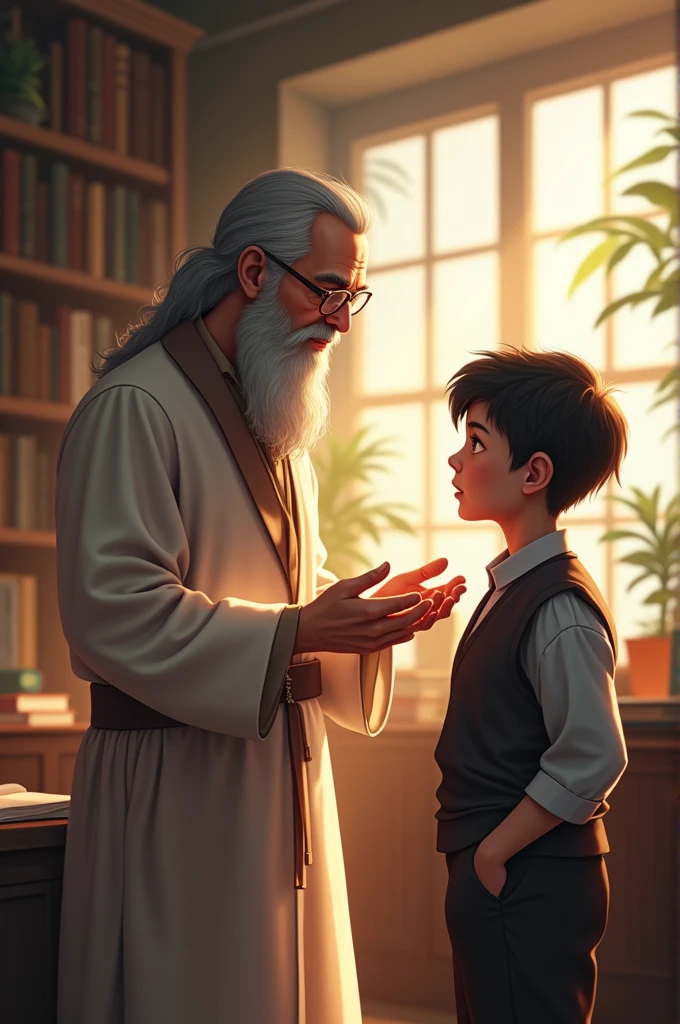 
: The Student Approaches the Teacher
Setting: A quiet, serene environment, possibly in a madrasa or a simple classroom.
Action: The student walks up to the teacher with a determined look on his face.
Dialogue: The student says, "O respected teacher, I want to gain knowledge