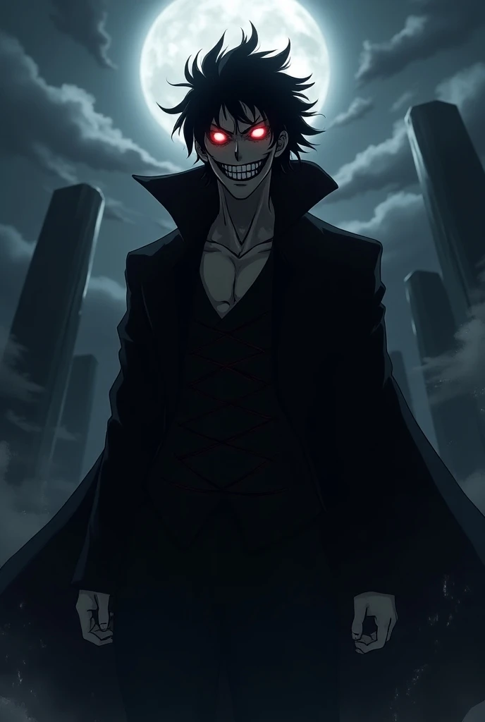 An image of an anime character with black hair, red eyes, sharp claws and teeth signaling that he is a cannibal, He will wear black clothes and will be carrying two sharp hunting knives attached to each other by a chain and with the powers to create weapons made of blood like the Power of Chansaw Man