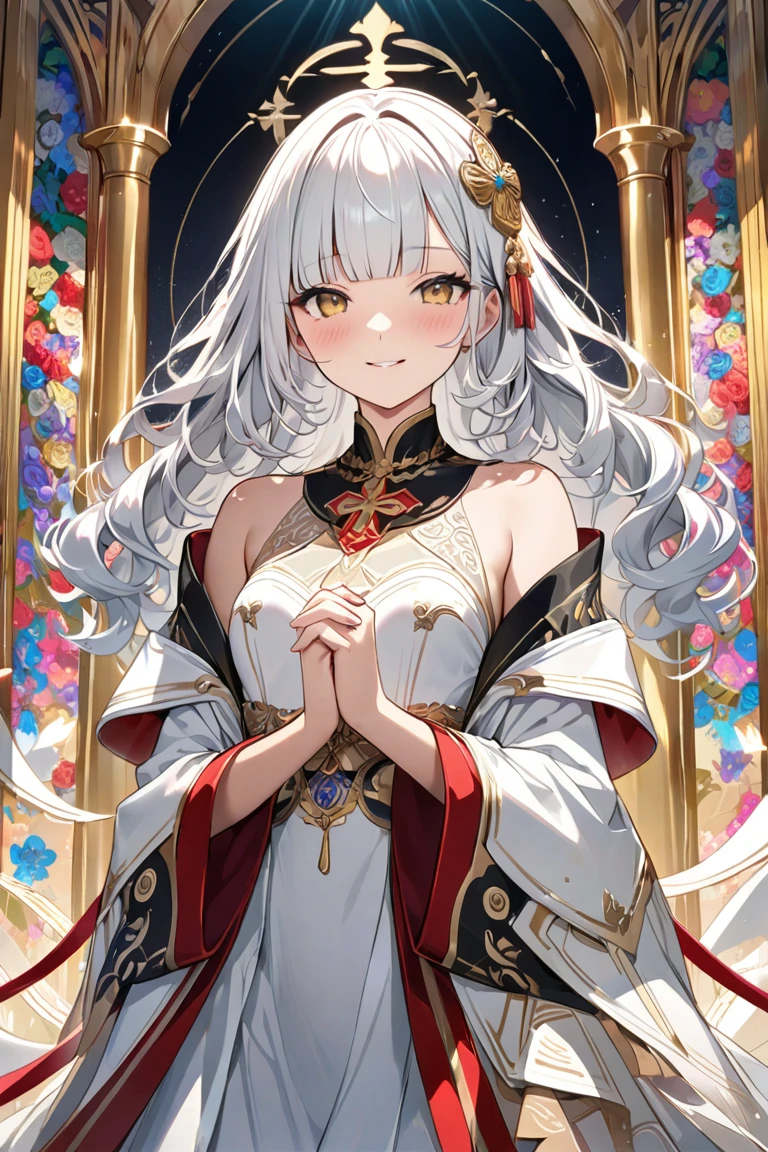 adult girl, long white hair, green eyes, hanfu, Open the chest, Smile, masterpiece, high quality