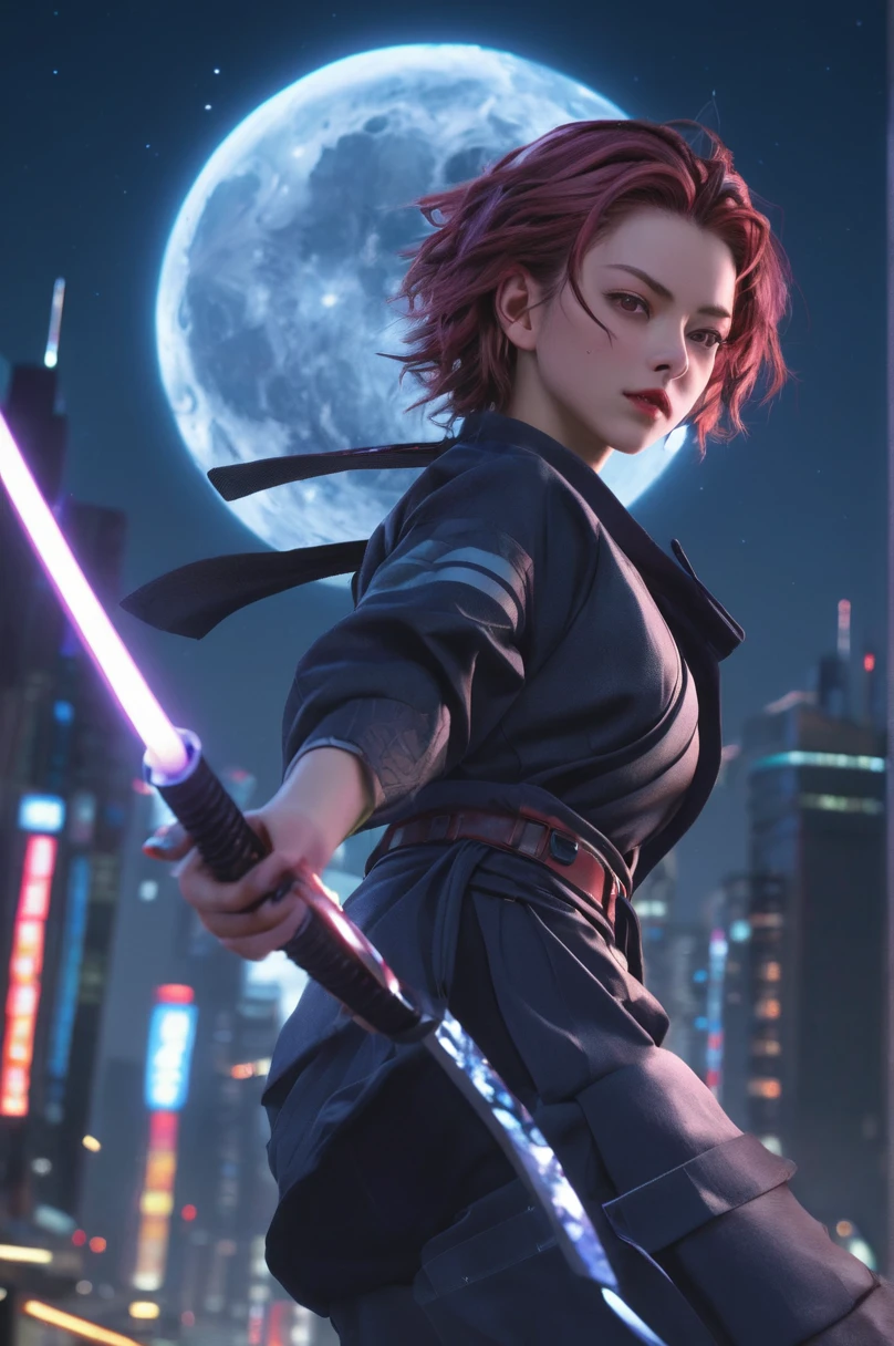 Tanjiro Kamado, face with maximum detail in high resolution, faithful to the anime, facial expression in high resolution, clothes also with the highest possible fidelity and details, futuristic clothes and accessories, dynamic katana fighting poses, high rendering, futuristic neon lighting of the city, starry night, waning moon.