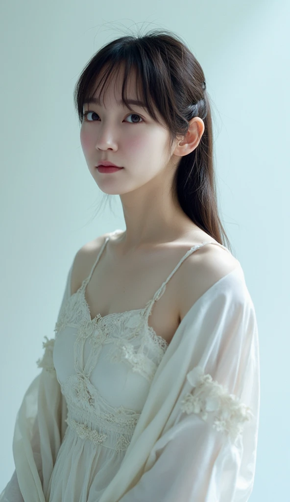 Gorgeus Girl, Beautiful, 20 Years Old, White Skin, Medium Breasts, Side Pose, ((Sexy NightGown)), Pastel Colour, Blue Eye, Halloween Background, Masterpiece, wavy Hair, Sleeveless, Hands Beside Hips, ((Side Angle))