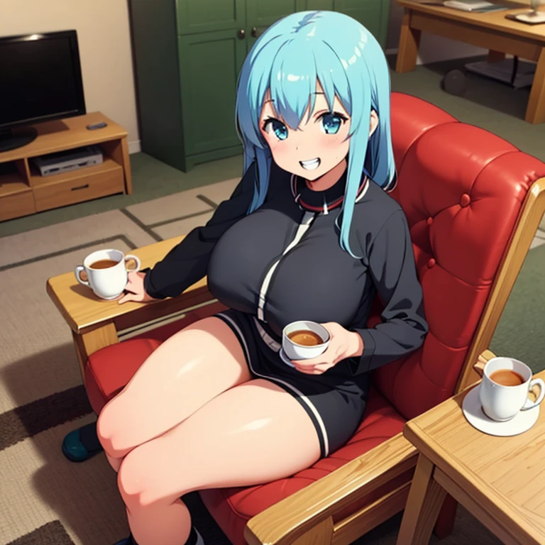 noel from sora no method, huge breast, thick legs, hips, stand, home, living room, sitting down, wood chair, smile, teeth, cup of tea