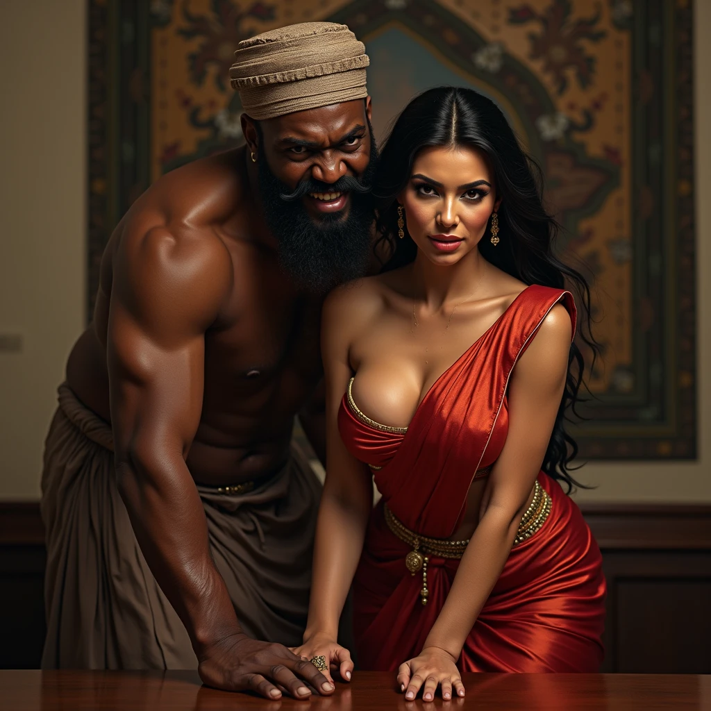 man strong, hairy and bearded man standing in white underwear with an Islamic cap on his head a golden scapular around his neck and a holy book in his hand. Next to a woman in evangelical dress.