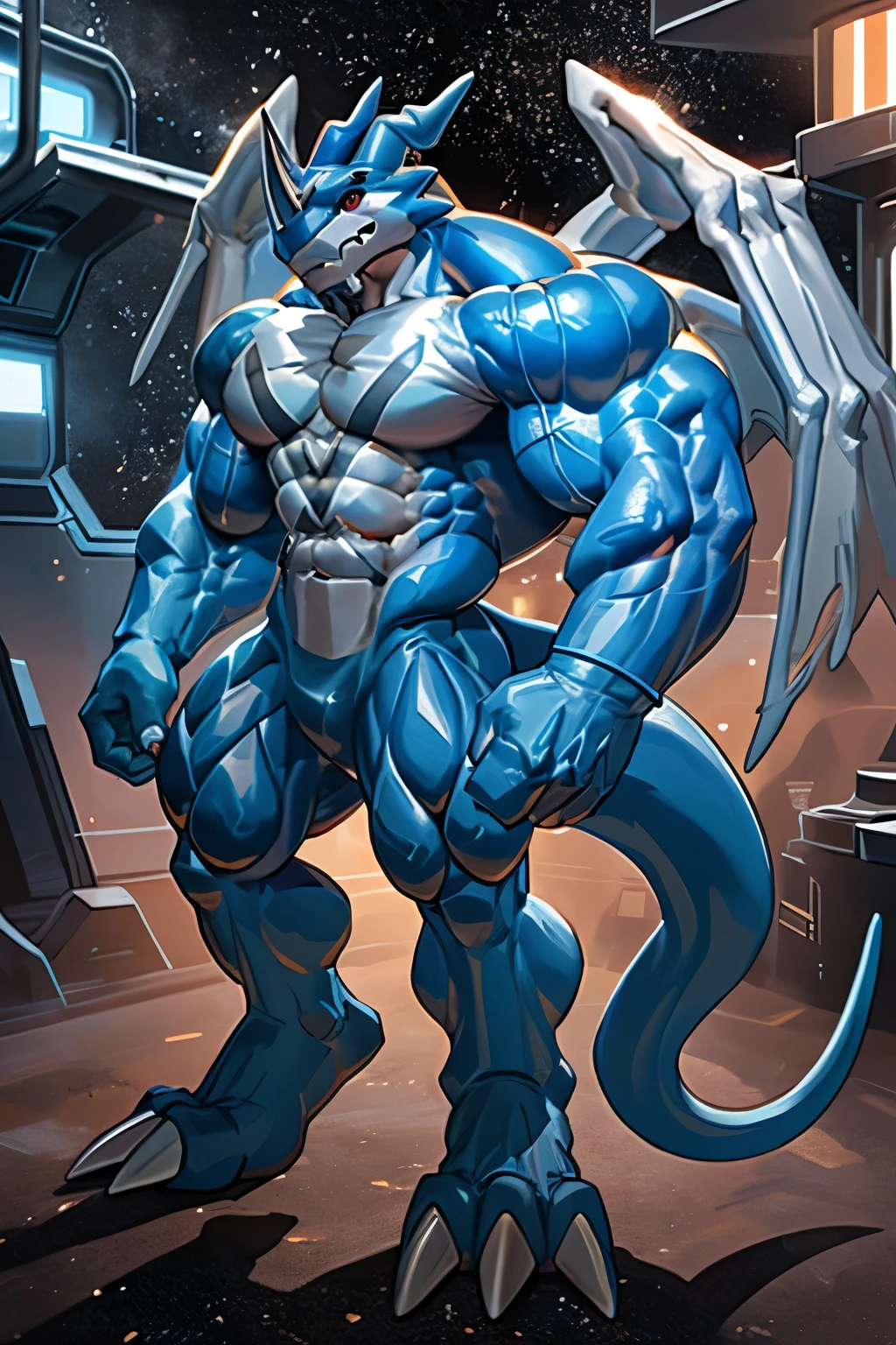 ExVeemon、(Big muscles), Huge pectoral muscles, 彫りの深い abs, Huge pectoral muscles, (誇張されたBig muscles)、 abs、Thick arms, huge bicep, Blue body color、Red eyes、wing、Completely naked、full body, digimon, Digital Space、 Future Cities 、