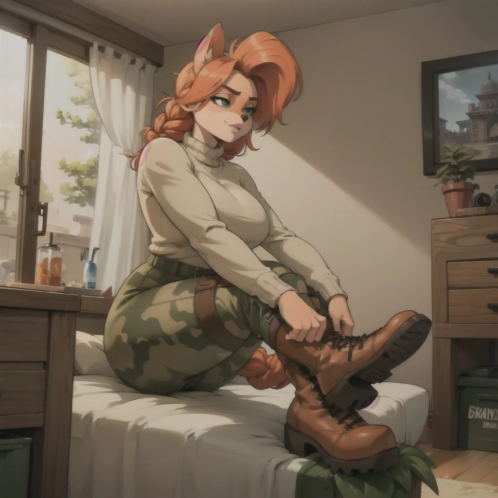 anthro bandicoot girl redhead, braided hair, beautiful green eyes, sexy ,seductive, warm sweater, camouflage pants, army boots, cozy lighting, vibrant colors,  hands to boots, tying her shoelaces