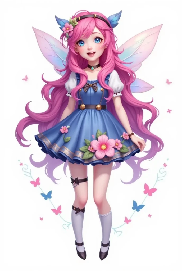 1 Girl,，Flower fairy skin， Pink Haired ， cutout,Open your mouth,, blue eyes,shoe, Simple Background ,A single pair of over the knee socks , Smile, alone , to a standing,Thigh socks,Uneven leg decoration,vampire, white background , Wings 