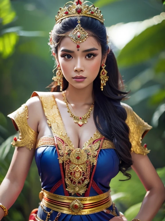 a beautiful indonesian woman as a hero in dynasty kingdom of majapahit, wearing small gold neklace like a queen, wearing red kemben ,long black hair with bun, doing floating meditation, energy bursts from around of her body, unreal engine 5, absurdres, volumetric mixed color line blue red white lighting around her body, eyes to camera, rainforest background