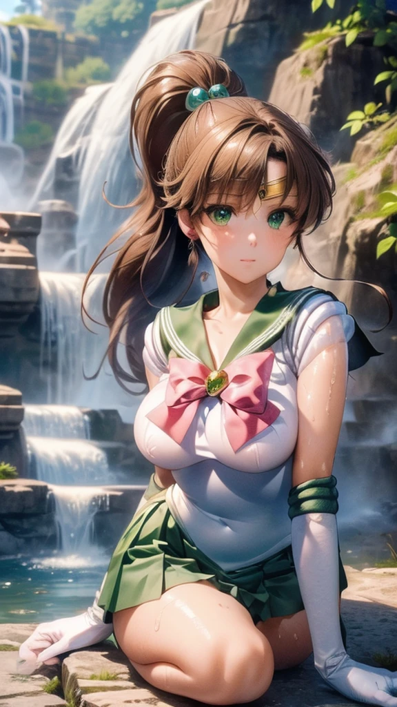 (((masterpiece))), (((High resolution)))、(((8K quality)))、(((Perfect Face)))、 , Looking into the camera, ((最high qualityの目)), (Detailed face), (Detailed Texture), Sailor Jupiter Cosplay Costume、One Girl, Alone, High resolution, Anatomically correct, 最high quality,Please draw the whole body 、My breasts are a little small、White long gloves、Green Skirt、(((By the waterfall、On my knees、Soaking wet)))、One Girl, Alone, High resolution, Anatomically correct, 最high quality, High resolution, masterpiece, 最high quality, Very detailed, 超High resolution, Textured skin, high quality, High resolutionモデル, Armpit