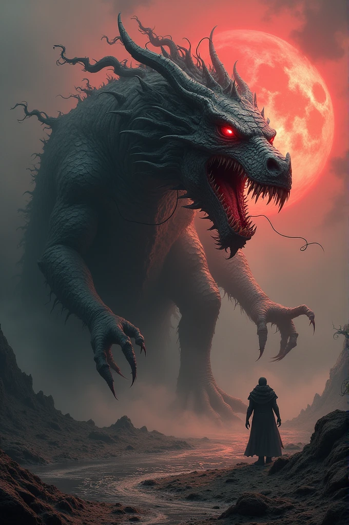 Create an imposing 8-headed dragon from a snow-white-skinned Yamata no Orochi snake with black pupils and red irises while crying blood, it is shown as a bloodthirsty and scary being that would make its enemies tremble with its sinister look.