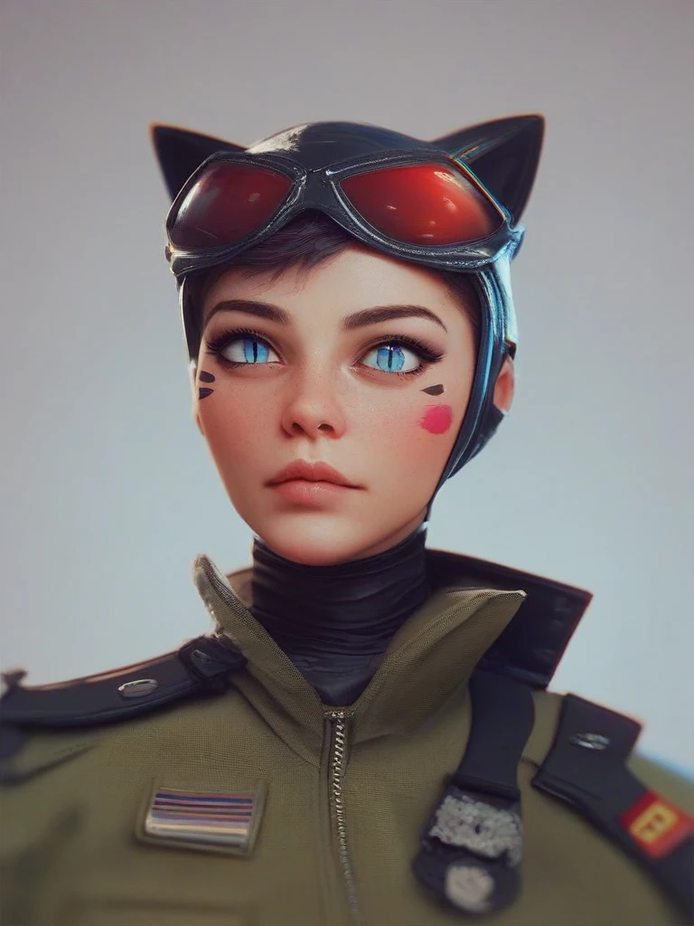 Fraction_5_up, Fraction_6_up, Fraction_7_up, Fraction_8_up, Fraction_9_up, Portrait of a catwoman in a modern camouflage military uniform,  facial marker ,Round Face，cute， blue eyes, Red Hair，slit pupils