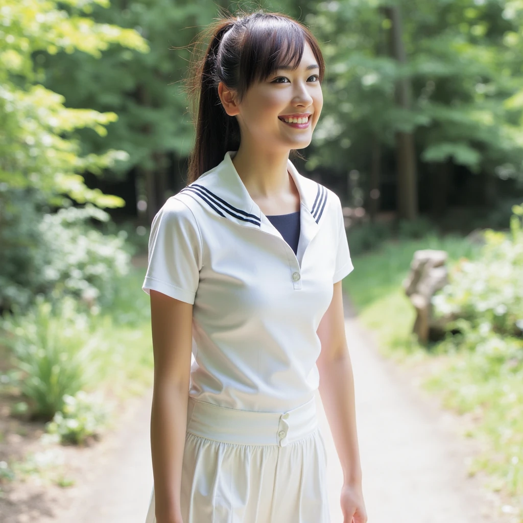 (masterpiece, Best Quality: 1.2), (Aerial photography, from side: 1.2),  , Natural Light, 18 year old actress,   Japanese Women, Neat, (( wearing a white tennis uniform, White short-sleeved polo shirt with collar, polo shirt unbuttoned, Dark navy line on polo collar, White tennis skirt,  White Pleated Skirt : 1.2)), ( short hair),  ponytail, ( beautiful face), Oval Face, Clear, ( beautiful detailed eyes, Kind eyes), (Beautiful Skin),  small face, Beautiful little mouth,  no makeup in the coal mine, Friendly, Hotel Rooms,  on the bed, White socks, seductive smile,  Seductive Poses