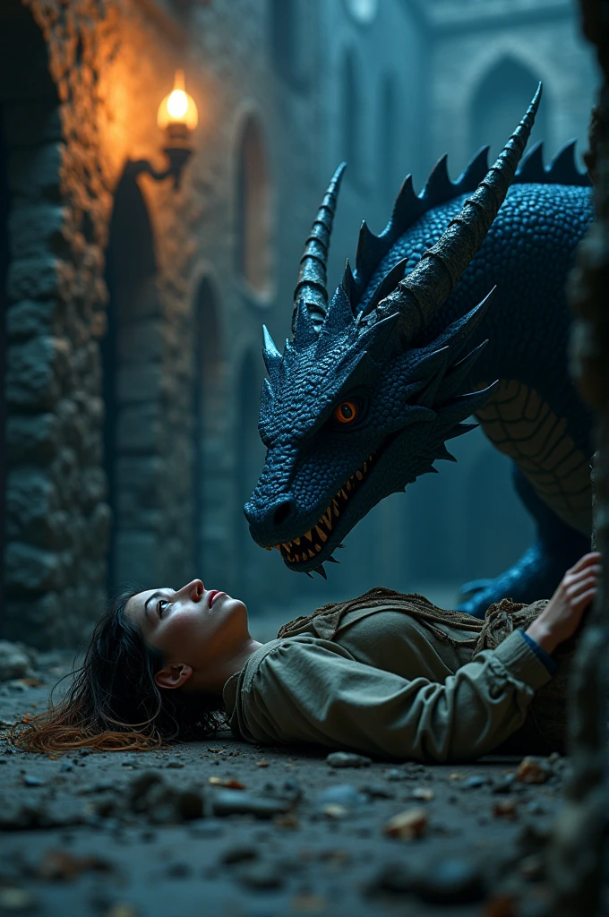 female next to wall, prison, brown hair, animal face, fangs, blue scales in places, placed shadow of huge dragon, transformation into a dragon, long muzzle, human face, mid transformation, scales spread gradually, claws,   little tail, make effort, dripping pussy, laying eggs from pussy, big eggs around, puzzled face, looks at down, commission for high res, medieval, tattered clothes, ripping clothes, nsfw not safe for work, gloomy, dramatic light, torch at wall, Digital Masterpiece In 4K Ultra HD, Extreme Detail And Intricate Realism, hyper realistic, film photography, soft focus, RAW photo, photorealistic, analog style, subsurface scattering, photorealism, absurd res res