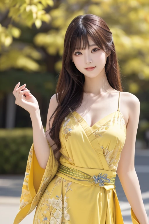 Photo-realistic quality、Japanese model posing for kung fu wearing a blue china dress、The background is a row of yellow ginkgo trees 、 looking at the camera、Rin々A good appearance、Detailed and beautiful eyes、Cute smile、 soft and gentle expression 