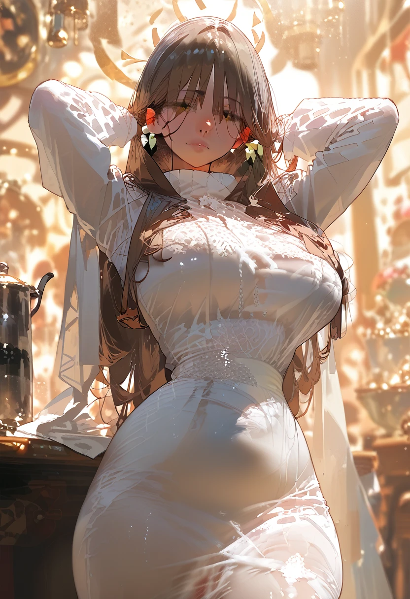 Big Breasts，White long sleeve dress，Shows off your body lines，Hands behind head，Brown Hair， long hair 