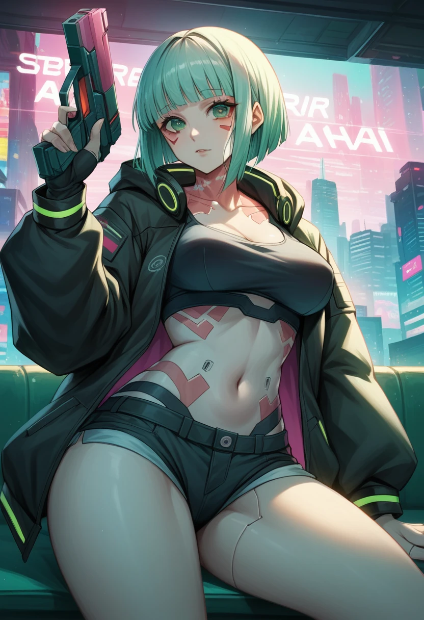  a woman with green eyes and a black jacket holding a gun, cyberpunk anime art, chica anime cyberpunk, best anime 4k konachan wallpaper, anime girl cyberpunk mech, female cyberpunk anime girl, cyberpunk anime art, anime style 4k , digital cyberpunk anime art, Cyberpunk Anime Girl with Hoodie, Anime Wallpaper 4k, Anime wallpaper 4 k, cyberpunk anime Big Breast 
