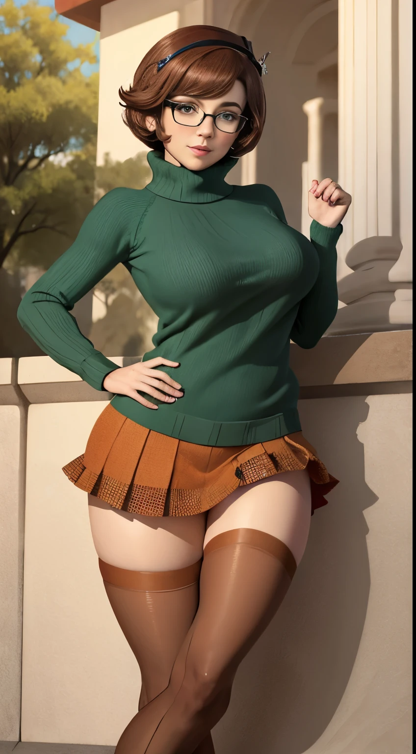 (masterpiece:1.2), (best quality), (ultra detailed), (8k, 4k, intricate),(full-body-shot:1), (highly detailed:1.2), (detailed face:1.2), ((portrait)), (dynamic pose:1.2)  Velma, 1girl, solo, bare breasts, looking at viewer, short hair, skirt, large breasts, brown hair, brown eyes, pantyhose, pleated skirt, glasses, pulling her sweater up, orange sweater exposed breasts, ((full body))