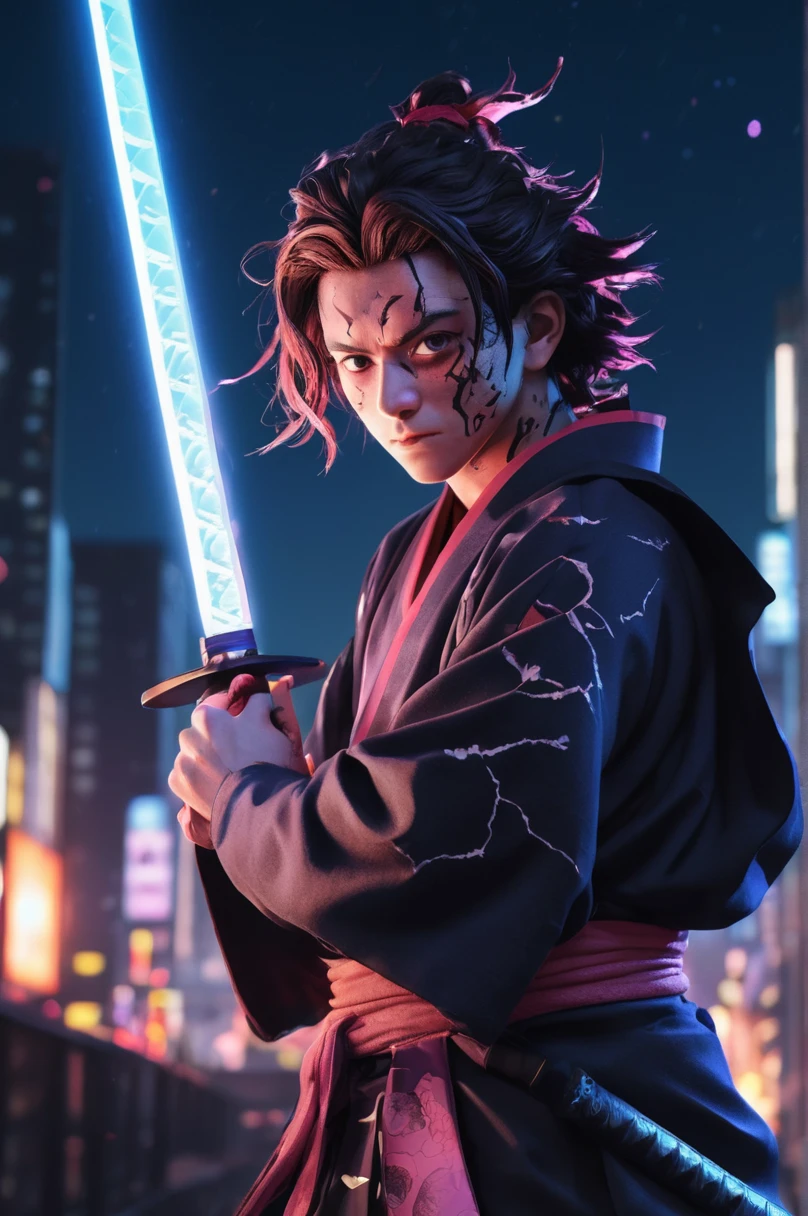 Tanjiro Kamado (Demon Slayer), face with maximum detail in high resolution, faithful to the anime, Scar on the forehead, facial expression in high resolution, high resolution fidelity and detailed kimono, futuristic clothes and accessories, dynamic katana fighting poses, high rendering, futuristic neon lighting of the city, starry night, fire rim.