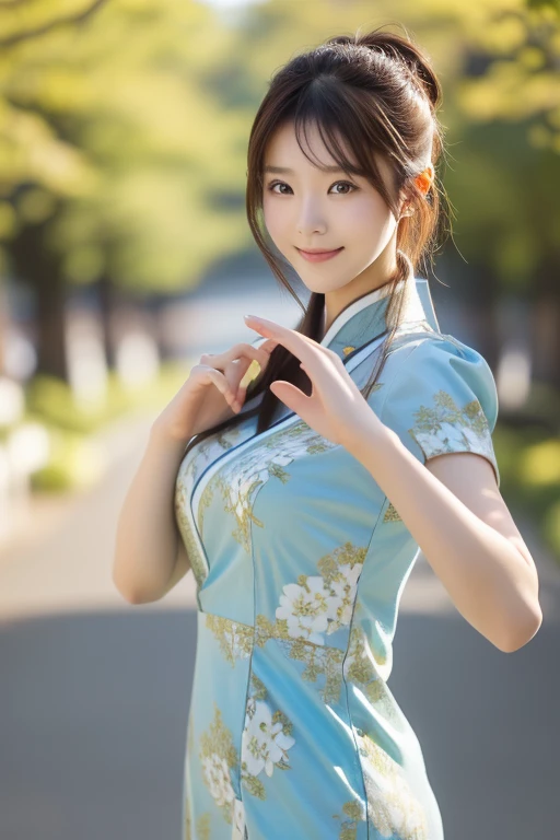 Photo-realistic quality、Japanese model posing for kung fu wearing a blue china dress、The background is a row of yellow ginkgo trees 、 looking at the camera、Rin々A good appearance、Detailed and beautiful eyes、Cute smile、 soft and gentle expression 