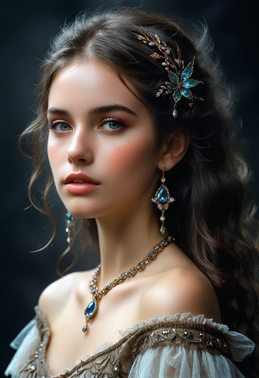 (Best quality,8K,A high resolution,Masterpiece:1.2, DSLR, 16k ),Ultra-detailed,(Realistic,Photorealistic,photo-realistic:1.37),Portrait, Creative style artwork, Historical, classical, Sophisticated, plethora of colors ,Highly detailed, Soft lighting, luxurious environment , there is young woman , girl wearing a blue silk classy royal dress, performing a music video, slim fit (oval perfect shape, asymmetrical face structure, perfect proportion, almond eye type, hazal eye color, detailed eyes, blue hair color, 32 inch breasts, hourglass figure, slim body, pale white skin tone ,sexy girl, 22 years old, soft wavy hair, looking away, attitude expression, professional makeup, pink lips)