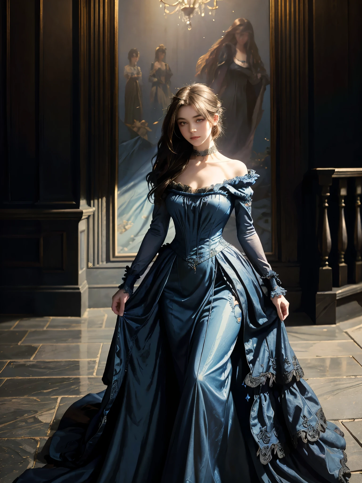 a painting of a woman in a blue dress standing on a ledge, a fine art painting by Louise Catherine Breslau, trending on cgsociety, fantasy art, victorian blue dress, intricate victorian dress, in victorian aristocrat, a beautiful victorian woman, fantasy victorian art, dressed beautiful gown, beautiful detailed elegant, victorian dress, beautiful detail and color