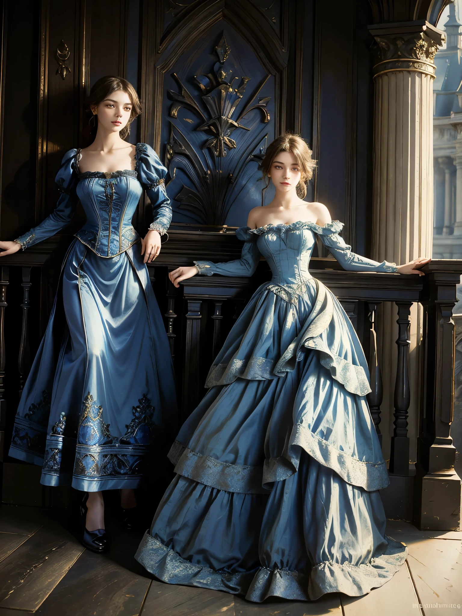 a painting of a woman in a blue dress standing on a ledge, a fine art painting by Louise Catherine Breslau, trending on cgsociety, fantasy art, victorian blue dress, intricate victorian dress, in victorian aristocrat, a beautiful victorian woman, fantasy victorian art, dressed beautiful gown, beautiful detailed elegant, victorian dress, beautiful detail and color