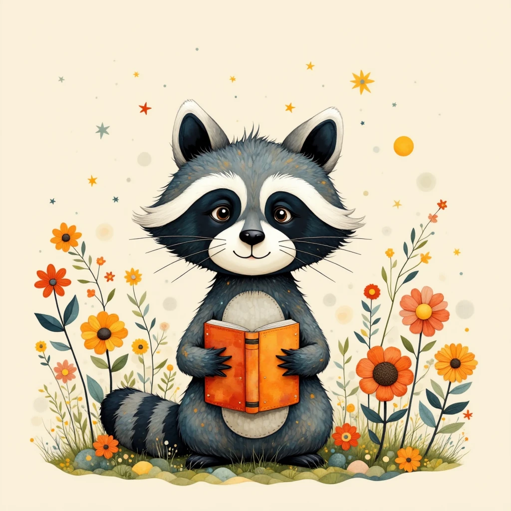 Handmade style,Picture books,Raccoon,cute,  comical  ,  Minimalist , dynamic,Front