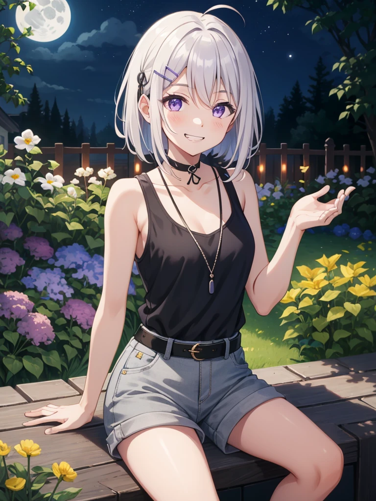 masterpiece, 最 high quality,  high quality,  is anatomically correct,  1 girl, solo, Purple Hair, Bob Hair, Beautiful breasts, small breasts,Slanted Eyes,Light purple eyes,smile,  close your mouth, happiness/joy, Grin,smug face, white tank top,Grey shorts,Black choker,Black belt,Brown boots,Magenta colored outerwear , hair clip that invites you with your hand, cool vibe , friendly vibe, elegant atmosphere , looking at the camera, simple background ,  on your lap,garden,night,The moon is out