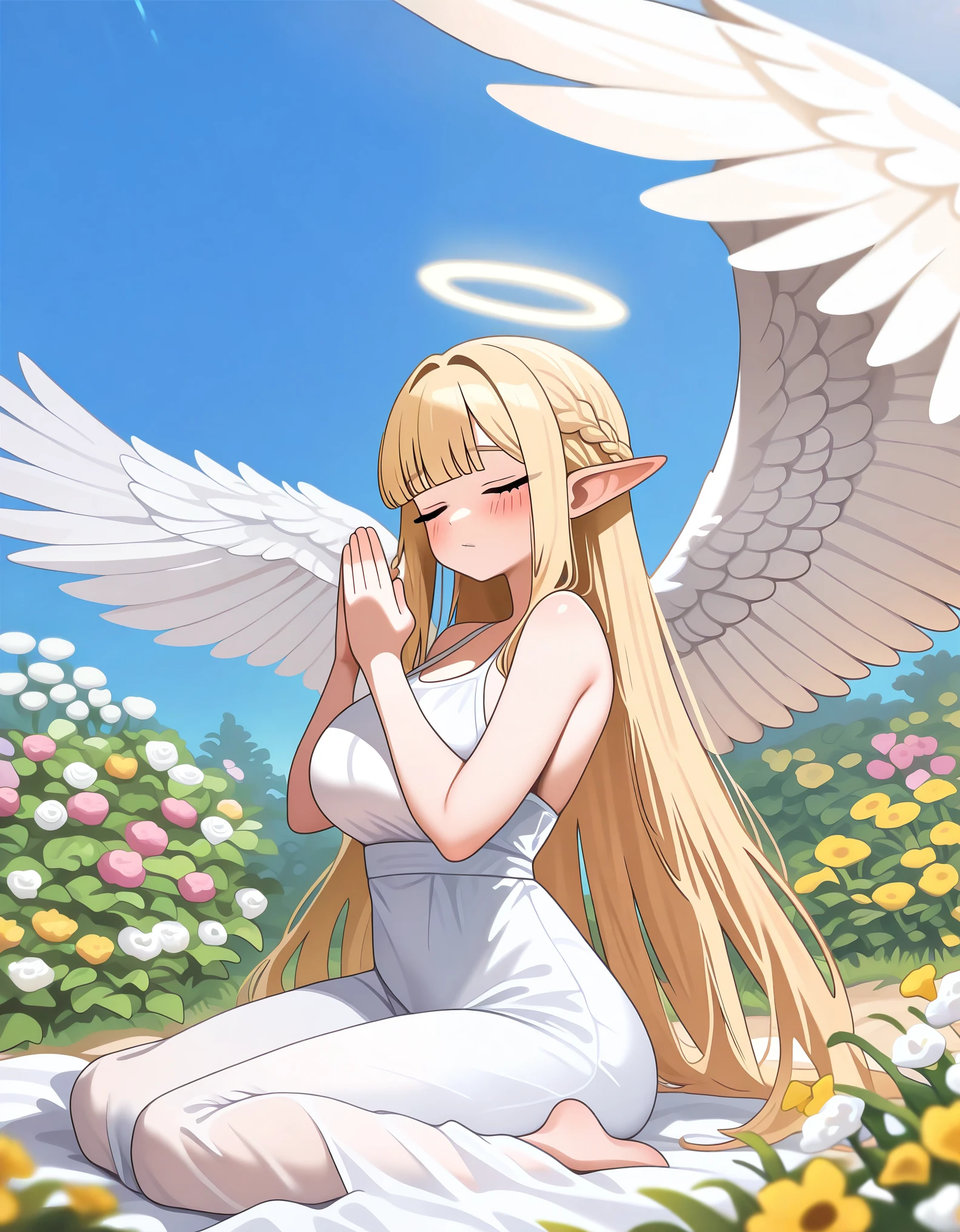 1girl, solo, large breasts, very long hair, blonde hair, looking at viewer, elf, sky, closed eyes, angel, white wings, seraph, feathered wings, halo, garden, flower, white dress, blush, bikini, blunt bangs, sitting, wariza, (palms together:1.4), half up braid, masterpiece, best quality, good quality, newest, 