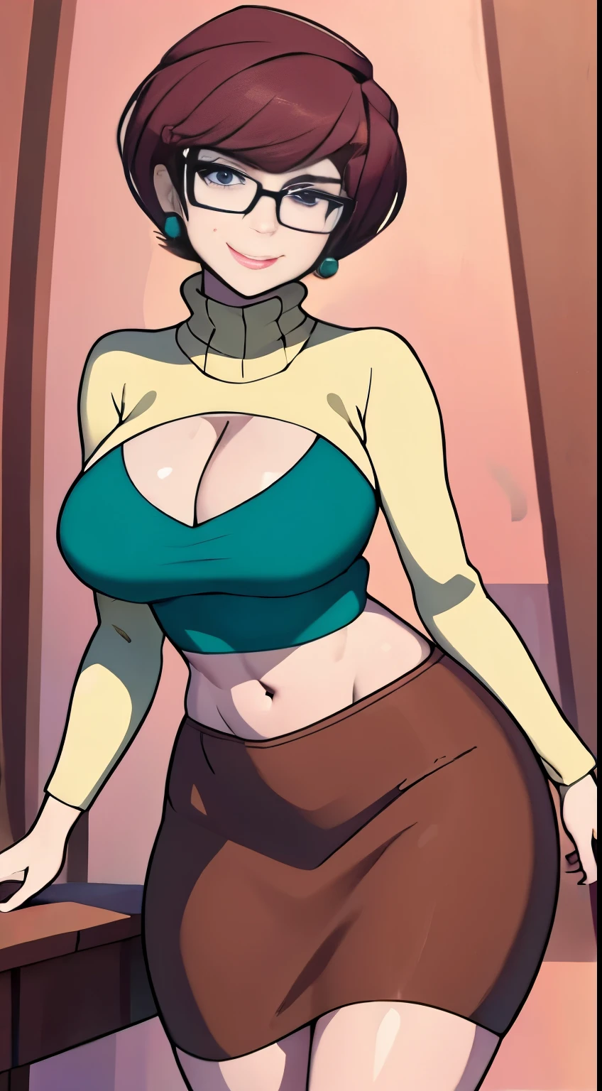 (masterpiece:1.2), (best quality), (ultra detailed), (8k, 4k, intricate),(full-body-shot:1), (highly detailed:1.2), (detailed face:1.2), ((portrait)), (dynamic pose:1.2)  Velma, 1girl, solo, bare breasts, looking at viewer, short hair, skirt, large breasts, brown hair, brown eyes, pantyhose, pleated skirt, glasses, pulling her sweater up, orange sweater exposed breasts, ((full body))