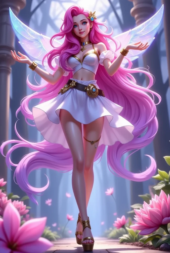    Seraphine in League of Legends  ，Flower Fairy，Fairy Skirt,    Pink Haired  ，   blue eyes， intangible wings ，Yang J Concept Art , pixiv, Fantasy Art,    cushart krenz keyframe art witch girl skin，exquisite skin design  ， ,Skin details，   Extremely Detailed Artgerm Paintings   , Official character art,   Kamisato Ayaka Genjin    ,    Style Art Jem   , anime character art   , Epic Mage Girl Character   , detailed anime character art   , Anime Goddess