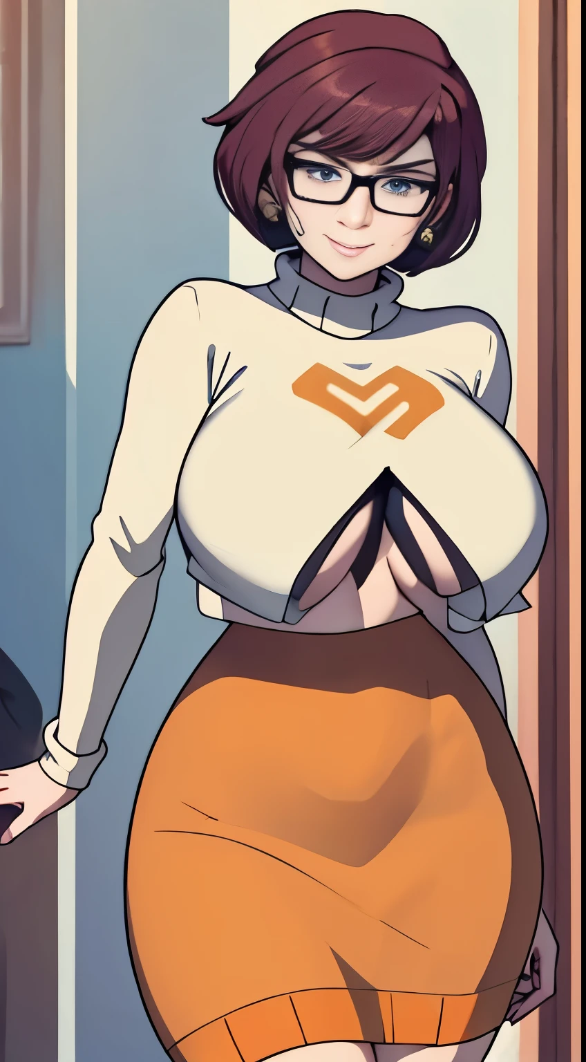 (masterpiece:1.2), (best quality), (ultra detailed), (8k, 4k, intricate),(full-body-shot:1), (highly detailed:1.2), (detailed face:1.2), ((portrait)), (dynamic pose:1.2)  Velma, 1girl, solo, bare breasts, looking at viewer, short hair, skirt, large breasts, brown hair, brown eyes, pantyhose, pleated skirt, glasses, pulling her sweater up, orange sweater exposed breasts, ((full body))