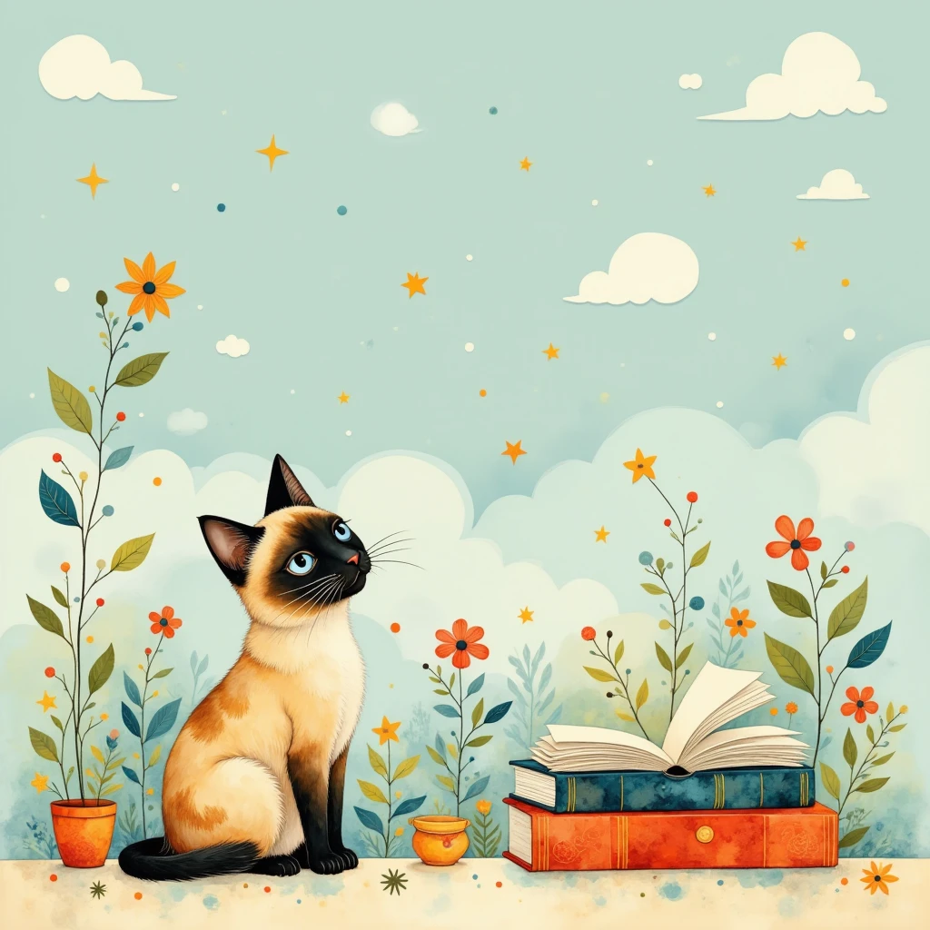 Handmade style,Picture books,Cat,Siamese cat,cute,  comical  ,  Minimalist , Flat Design