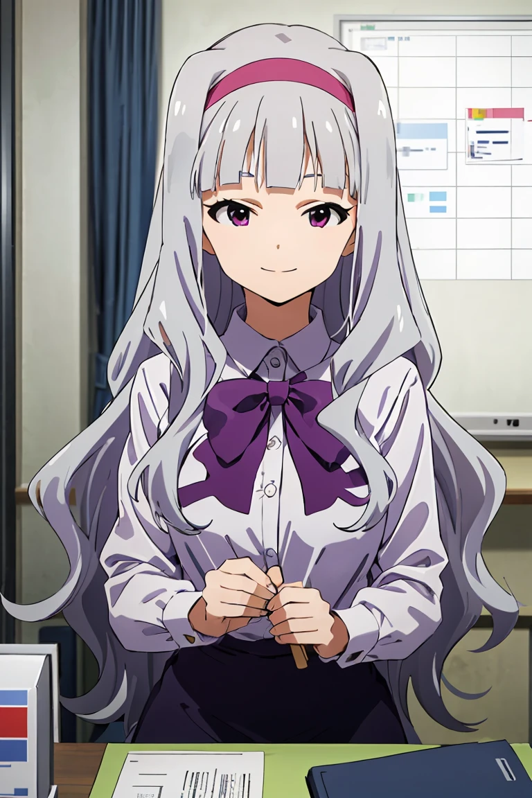 ((( pixel perfect,  detail perfect))), Alone,  1 girl, takane shijou, Purple hair band , big , shirt, bow,  , smile