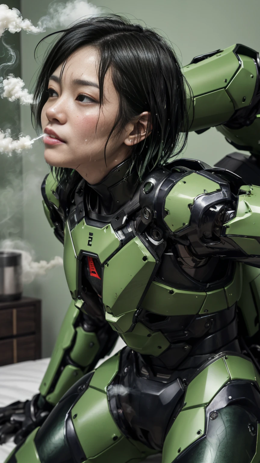 ,   非常に Details,     Details  ,   High image quality, 最  High image quality,   High image quality, 1080P 、   smoke coming out of the wound    　Green Armor、    Steam comes out    、cute((全身のSerious damage))(    injured woman in a green and black robot suit...)()(Broken Armor)   Black Hair   、  Short hair like  、Torn Armor、   Lying in bed with wet hair、、(Steam from the bodyが上がる)Sweaty face、It hurts again、Serious damage、、saliva dripping from the mouth、Female university student　　( green and black face    ) ((Steam from the body))    look up 　saliva