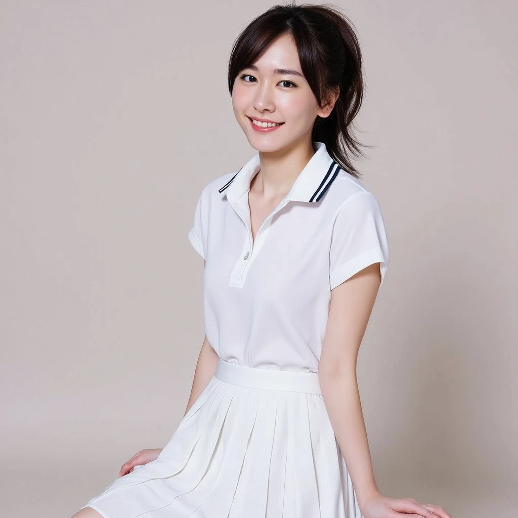 (masterpiece, Best Quality: 1.2), (Aerial photography, from side: 1.2),  , Natural Light, 18 year old actress,   Japanese Women, Neat, (( wearing a white tennis uniform, White short-sleeved polo shirt with collar, polo shirt unbuttoned, Dark navy line on polo collar, White tennis skirt,  White Pleated Skirt : 1.2)), ( short hair),  ponytail, ( beautiful face), Oval Face, Clear, ( beautiful detailed eyes, Kind eyes), (Beautiful Skin),  small face, Beautiful little mouth,  no makeup in the coal mine, Friendly, Hotel Rooms,  on the bed, White socks, seductive smile,  Seductive Poses