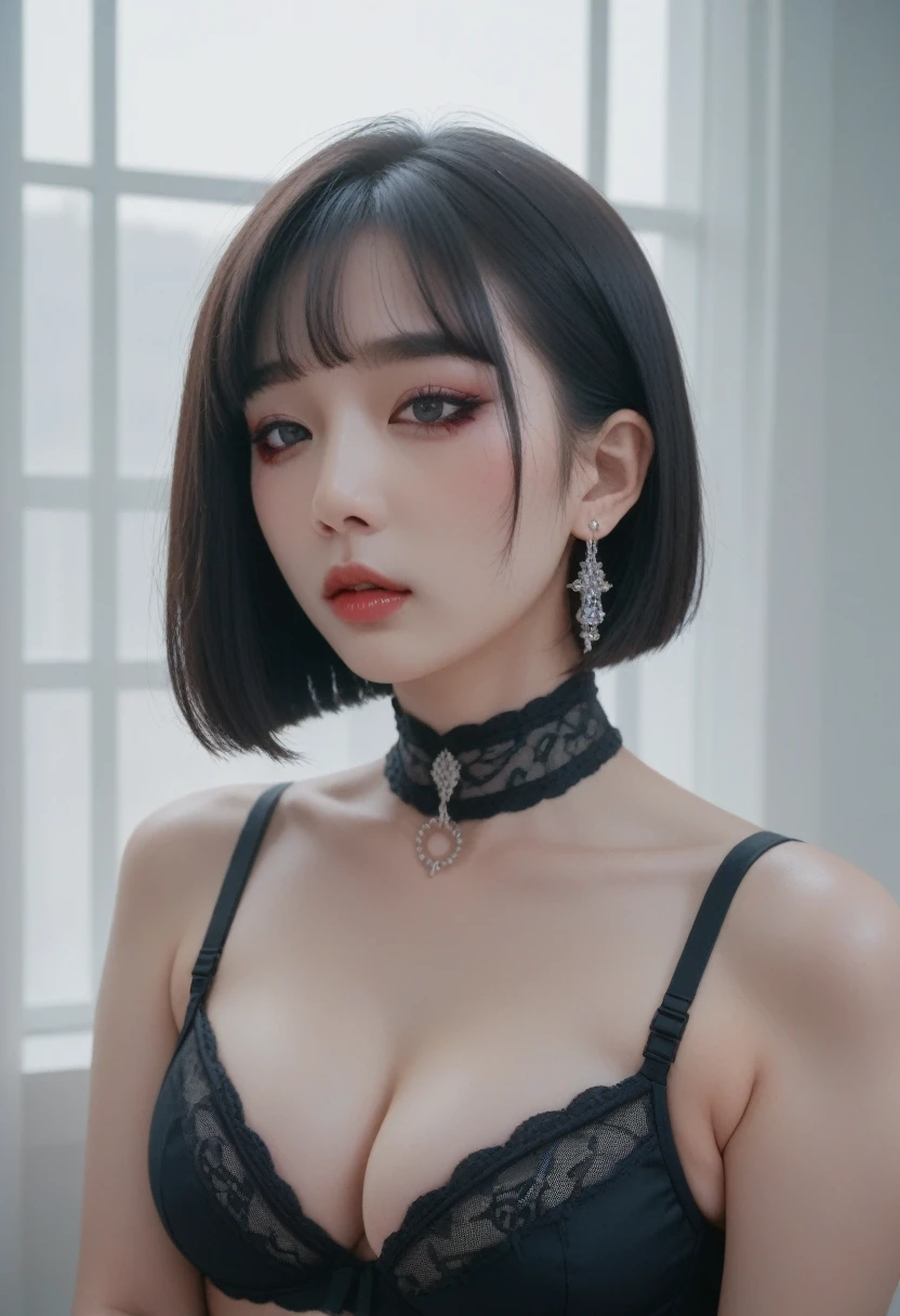  (( best quality, 8 thousand, masterpiece:1.3)) Korean woman, Beautiful Korean girl ,  ultra-small bra, Goth makeup , The throat is cut off, Guillotine , The neck was cut off , 