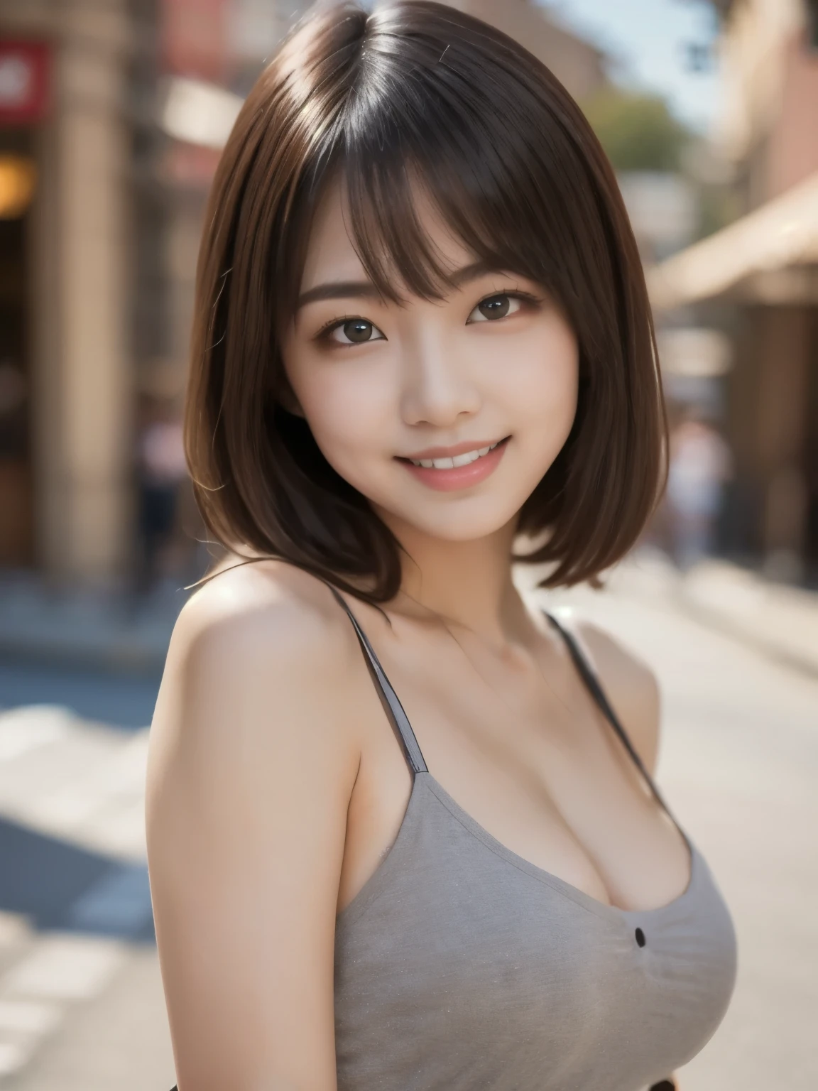 8k、Best Quality、Ultra Wide Angle Monofocal Lens 、(Representative Works:1.2)、( real)、( real:1.37)、One high school girl、 beautiful alignment of teeth、smile、Well-formed fingers、Around town、( cute plain clothes)、Big Breasts、 Perfect Body 、Gravure photoshoot、Perfect Fingers、Beautiful Skin、Professional Lighting、Face and skin detail、Microparticles、 RAW Photos