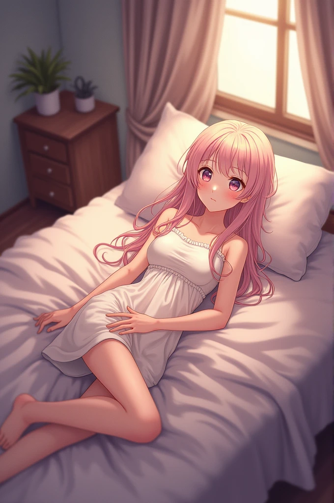 One -yeld gi See-through night dress、(Pink hair color,Inner color hairstyle), Beautiful Hair, Facial Contour, Remember, ,Hotel, splash, Lens flare, noon, bright, Natural Color, High resolution, Very delicate, Very detailed, 8k,Lying in bed、Just a slight swelling of the chest、Shyness、Angle from below,((Sexual))