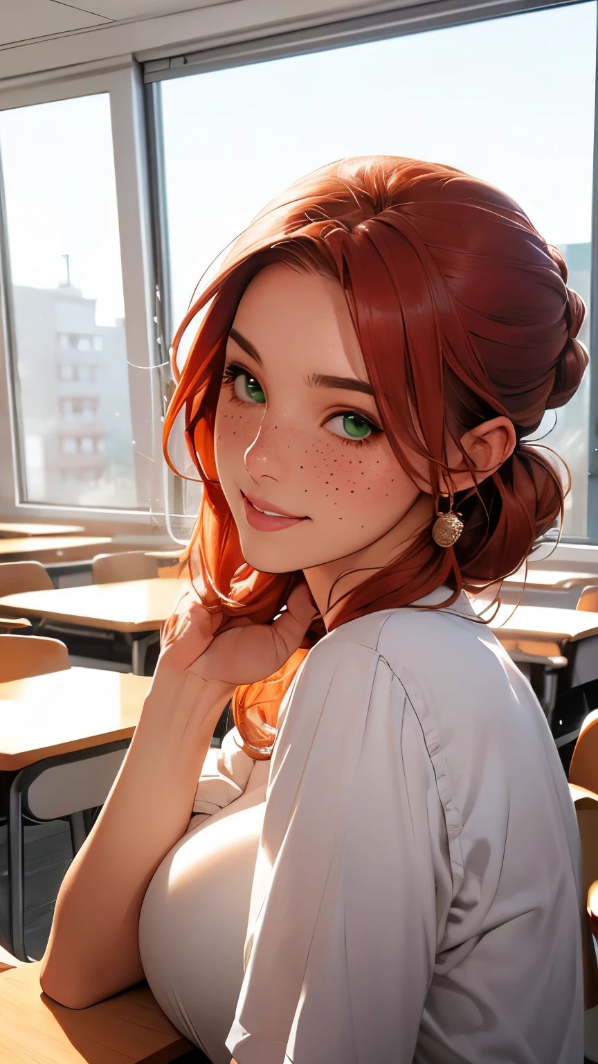 Woman, americana, Age 25, nsfw, pale skin and freckles, green eyes, delicate nose, soft and delicate lips, far away, red orange hair in a double bun, large smile, face with delicate feminine facial features, highly rendered face, generic student clothes, in a class room.