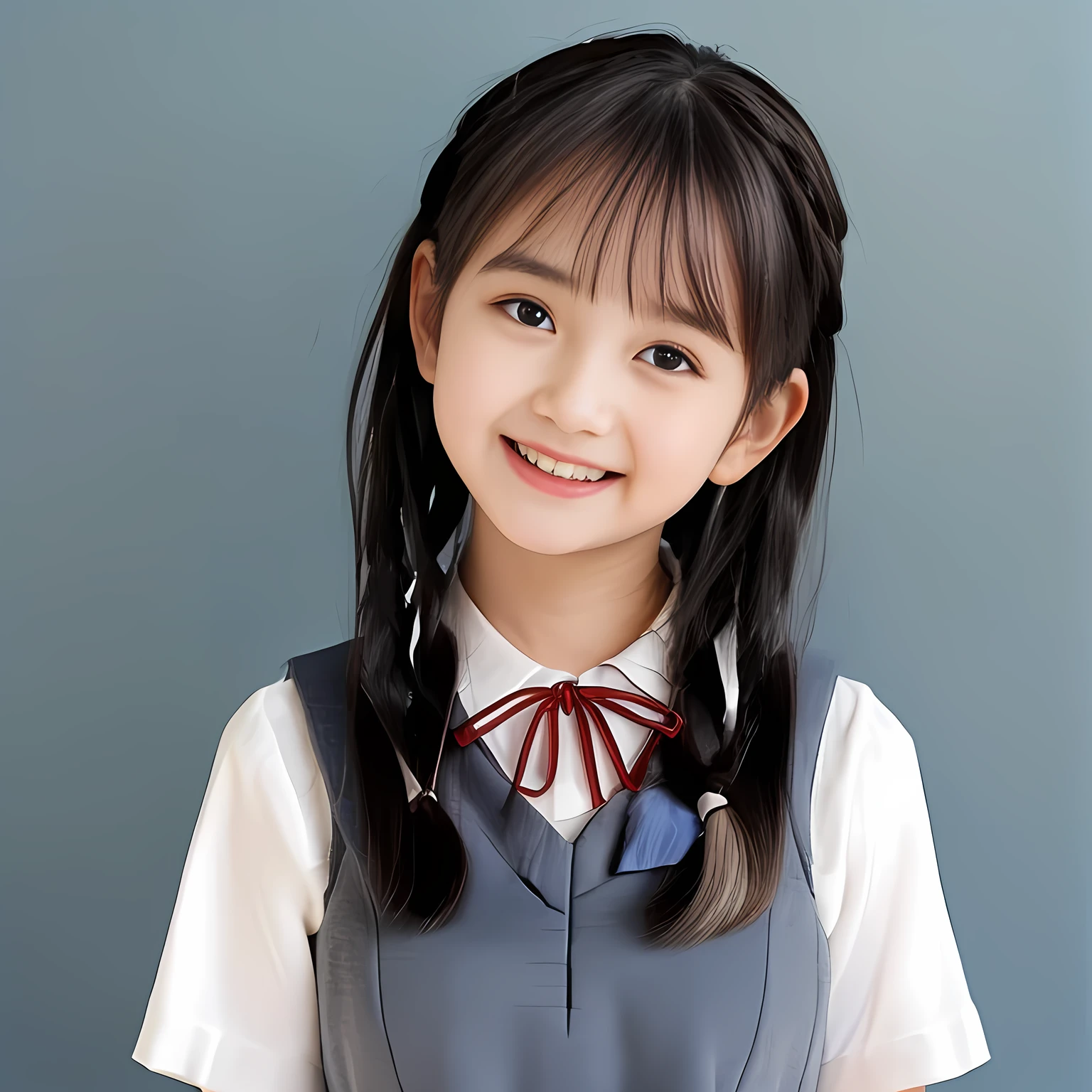 (Highest quality, masterpiece:1.2), Highest quality, High resolution, 1080P, 8k, (A **** Japanese young girls is looking down the viewer, using face-whitening cosmetics, prominent cool eyes, opened laughing giggling open mouth, gray-gray-blue school summer uniform with gray-gray-blue vest and widely-boxed-pleats-short-skirt and silk blouse and red breast ribbon pulled by her hands, twin-braids long hair: 1.5), (white thighs and knees: 1.7), (Well-balanced, prominent, Intelligent, drooping, double-eyelids, brown shiny large prominent eyes with detailed: 1.5), (gray-gray-blue school uniform with gray-gray-blue vest and boxed-pleats-skirt, short-sleeves silk blouse, glossy red breast ribbon: 1.5), ((Beautiful well-figured glossy opened lips like fortissimo soprano singer)), (mature breast), (Girl whom everyone loves because of her beauty and beautiful eyes and lovely fashion and noble manner), (Very beautiful, glossy, cute neat black hair, twin-braids hair-style: 1.3), (Drives me crazy for her glossy neat hair and Make me fall into love), (plain blue background: 1.6), (Best style like a **** fashion model, mature breast), (((Completely balanced beautiful big big eyes, looking at me))), (eyes, face and hair are especially beautifully detailed and beautifully drawn: 1.5), (Satisfactory best shot by professional famous photographer for school girl's beauty: 1.5), (The soft white light clearly shows her face extremely white: 1.2), (Very soft laughing cheeks, very soft hands pulling the breast ribbon down, People who touch it feel eternal pleasure: 1.2), (Show me your cutest glossy face!!: 1.6), (Everything is too expensive and noble as a neat shy school girl including her expression, giving kiss and erotic mercy to poor miserable viewer!: 1.5), (Take a look-up shot from under them: 1.5), ((**** nicola model girls: 1.8))