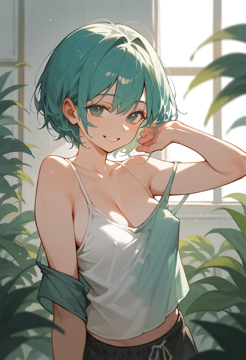 short girl, masterpiece, highres, solo, 8k, detailed, perfect face, best quality, (ultra high quality), (looking at viewers), (armpit), collarbone, bare arms, small breasts, cleavage, green hair, short hair, two buns hair, reddish eyes, red eyes, belly, stomach, navel, abs, sarashi chest, bandaged breast, (green hakama), slim body, upper body, emotionless, flat face, closed mouth, at forest, hand up