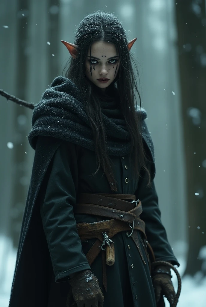 In the heart of a dark, twisted forest, a young girl stands alone, wearing a tattered red hood. Her face is pale and ghostly, eyes wide with a mixture of fear and determination. The red hood contrasts starkly against the shadowy backdrop, making her an eerie beacon in the gloom. Her dress is old and worn, with frayed edges and stains hinting at a long, perilous journey. She clutches a small basket tightly, its contents hidden and mysterious. The trees around her are gnarled and twisted, their branches reaching out like skeletal fingers. Fog drifts through the forest, obscuring the path ahead and adding to the sense of dread. The girl’s breath is visible in the cold air, each exhale a puff of white mist. There is an unsettling silence, broken occasionally by distant, indistinguishable noises. She seems to be searching for something or someone, her expression a mix of hope and dread.
