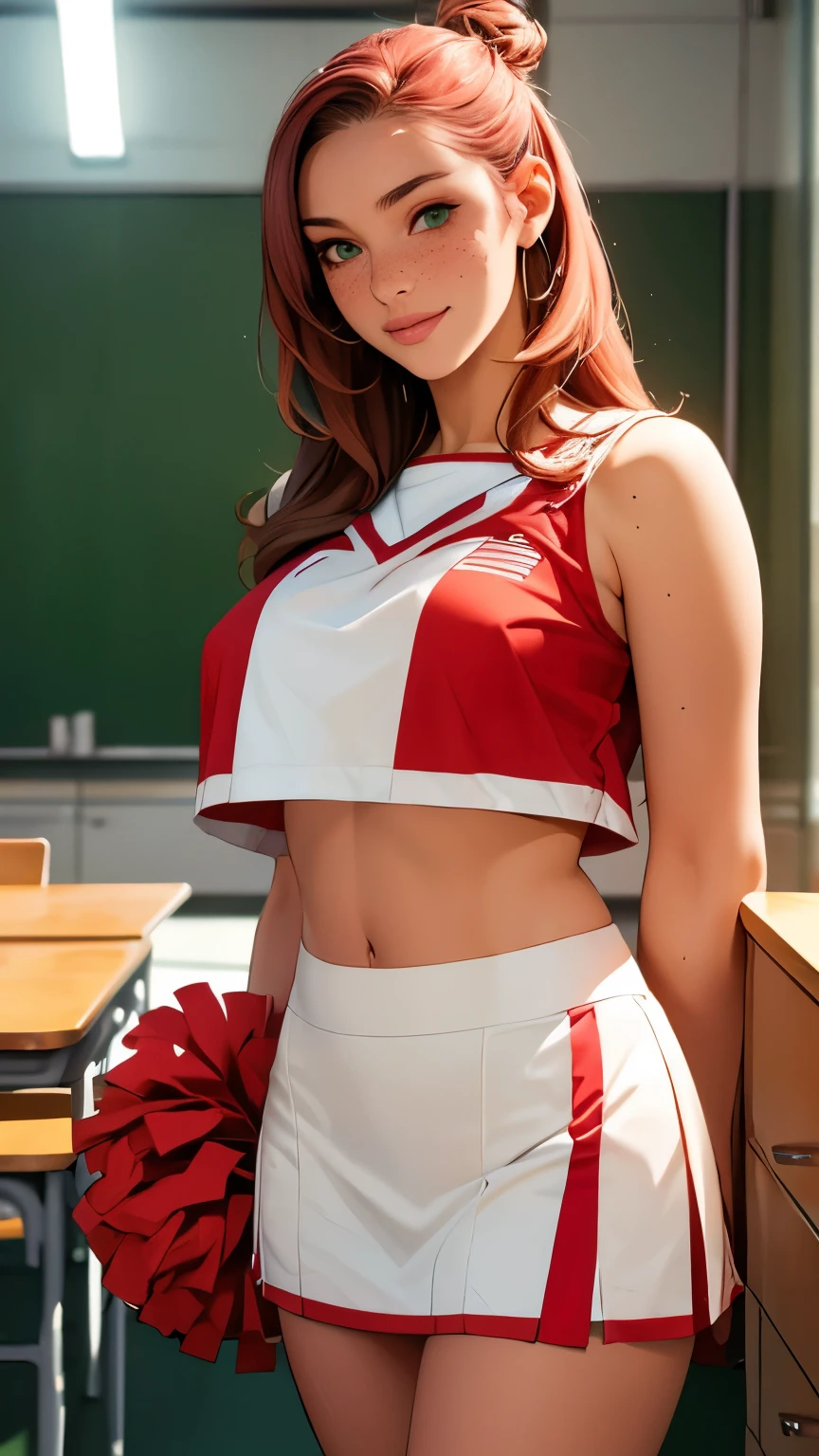 Woman, americana, Age 25, nsfw, pale skin and freckles, green eyes, delicate nose, soft and delicate lips, far away, red orange hair in a double bun, large smile, face with delicate feminine facial features, highly rendered face, red and white cheerleader uniform, in a class room. medium shot.