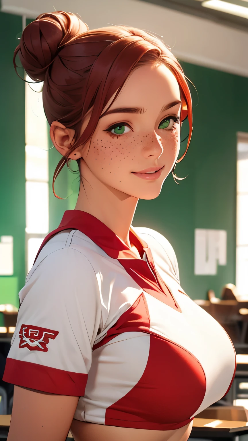 Woman, americana, Age 25, nsfw, pale skin and freckles, green eyes, delicate nose, soft and delicate lips, far away, red orange hair in a double bun, large smile, face with delicate feminine facial features, highly rendered face, red and white cheerleader uniform, midriff in a class room. whole body shot.