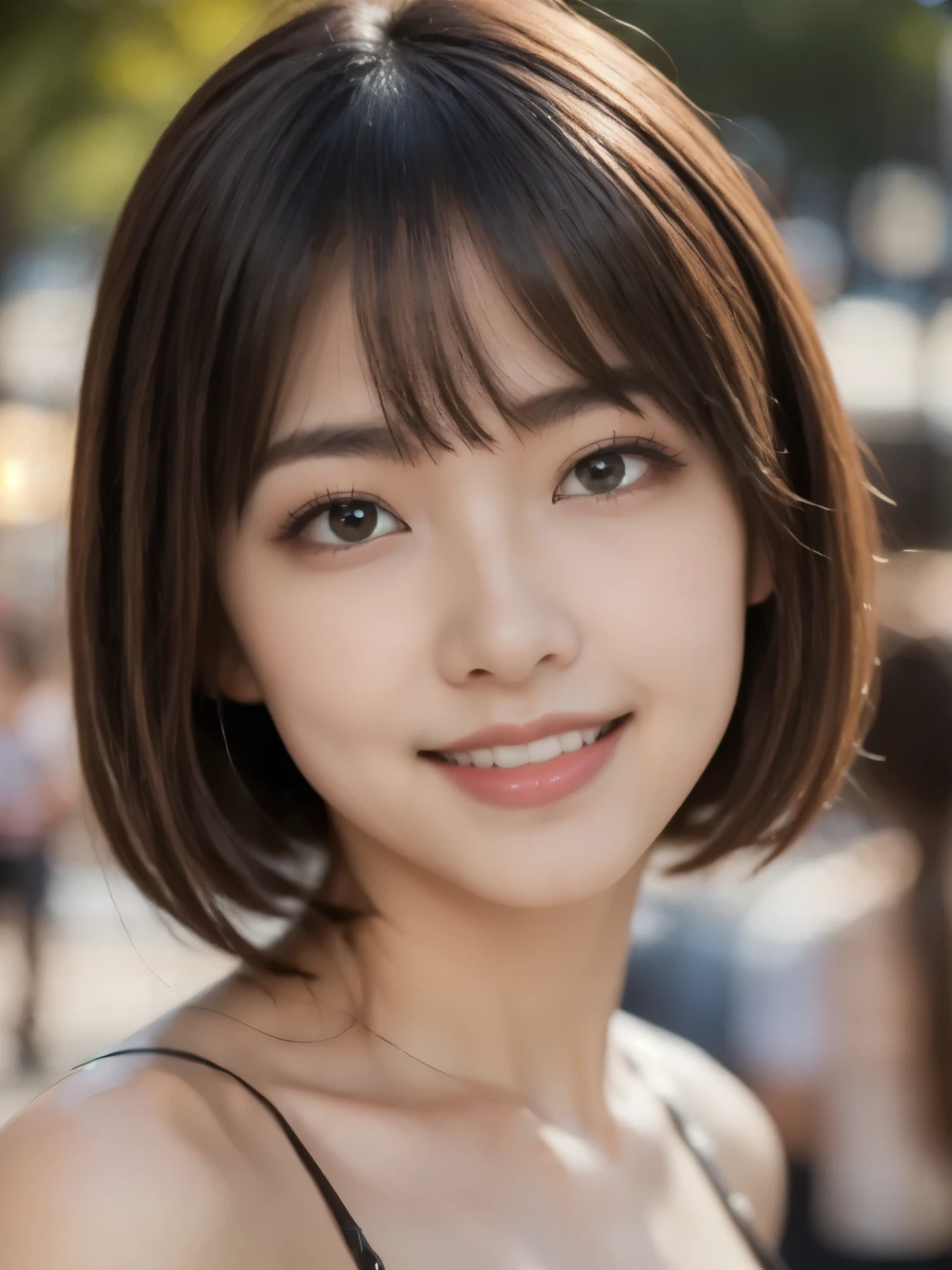 8k、Best Quality、Ultra Wide Angle Monofocal Lens 、(Representative Works:1.2)、(genuine)、(genuine:1.37)、Ultra-fine、One Young Woman 、 ponytail hair 、 beautiful alignment of teeth、smile、Well-formed fingers、Shinjuku、( casual attire)、Big Breasts、PERFECT BODY、Perfect Fingers、Beautiful Skin、Early Autumn Park Pro Lighting、Face and skin detail、Microparticles、 RAW Photos