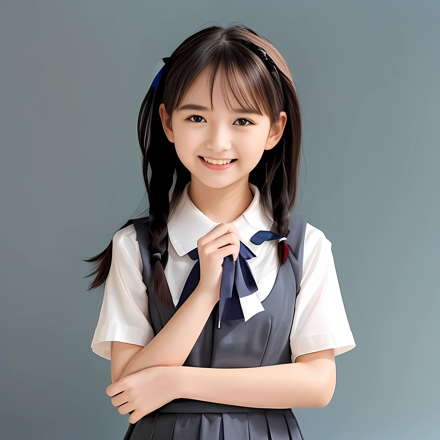 (Highest quality, masterpiece:1.2), Highest quality, High resolution, 1080P, 8k, (A **** Japanese young girls is looking down the viewer, using face-whitening cosmetics, prominent cool eyes, opened laughing giggling open mouth, gray-gray-blue school summer uniform with gray-gray-blue vest and widely-boxed-pleats-short-skirt and silk blouse and red breast ribbon pulled by her hands, twin-braids long hair: 1.5), (white thighs and knees: 1.7), (Well-balanced, prominent, Intelligent, drooping, double-eyelids, brown shiny large prominent eyes with detailed: 1.5), (gray-gray-blue school uniform with gray-gray-blue vest and boxed-pleats-skirt, short-sleeves silk blouse, glossy red breast ribbon: 1.5), ((Beautiful well-figured glossy opened lips like fortissimo soprano singer)), (mature breast), (Girl whom everyone loves because of her beauty and beautiful eyes and lovely fashion and noble manner), (Very beautiful, glossy, cute neat black hair, twin-braids hair-style: 1.3), (Drives me crazy for her glossy neat hair and Make me fall into love), (plain blue background: 1.6), (Best style like a **** fashion model, mature breast), (((Completely balanced beautiful big big eyes, looking at me))), (eyes, face and hair are especially beautifully detailed and beautifully drawn: 1.5), (Satisfactory best shot by professional famous photographer for school girl's beauty: 1.5), (The soft white light clearly shows her face extremely white: 1.2), (Very soft laughing cheeks, very soft hands pulling the breast ribbon down, People who touch it feel eternal pleasure: 1.2), (Show me your cutest glossy face!!: 1.6), (Everything is too expensive and noble as a neat shy school girl including her expression, giving kiss and erotic mercy to poor miserable viewer!: 1.5), (Take a look-up shot from under them: 1.5), ((**** nicola model girls: 1.8))